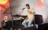 Singer-songwriter Idan Raichel on piano with released hostage Sagui Dekel-Chen on April 29. 2025 (Screengrab: YouTube)